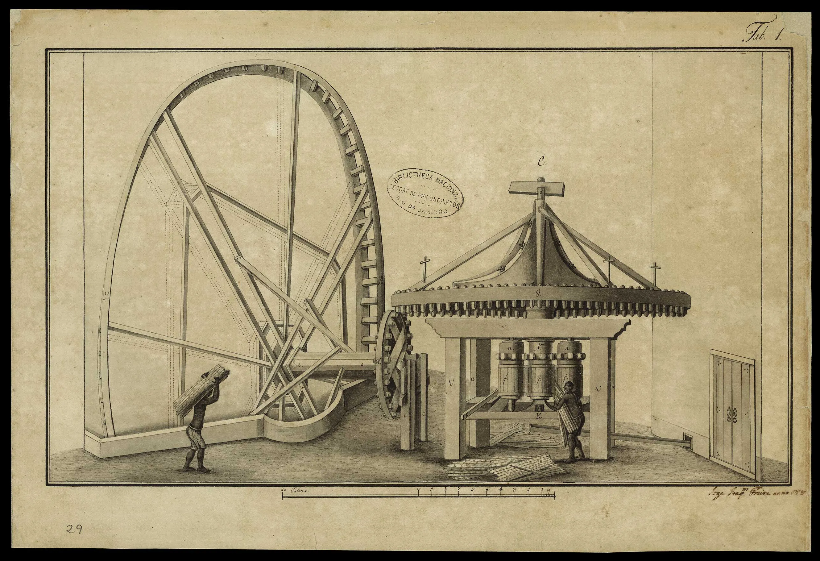 Sugarcane crushing in a vertical-roller mill driven by a waterwheel